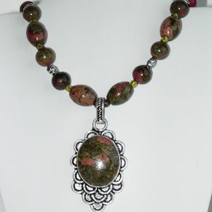 Natural Unakite Silver plated 18" necklace (#238)